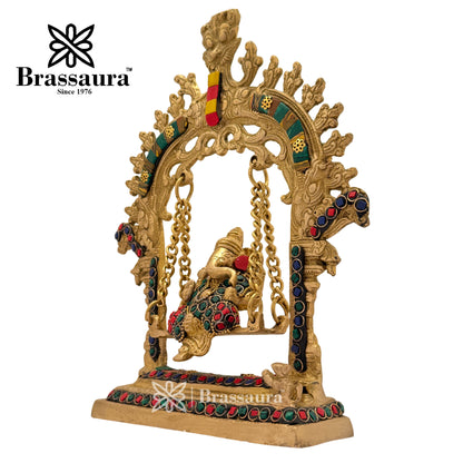 Brass Gem Stone Work Ganesha Jhula Idol for Home and Decor Weight 1.6 Kg Height 25 cm