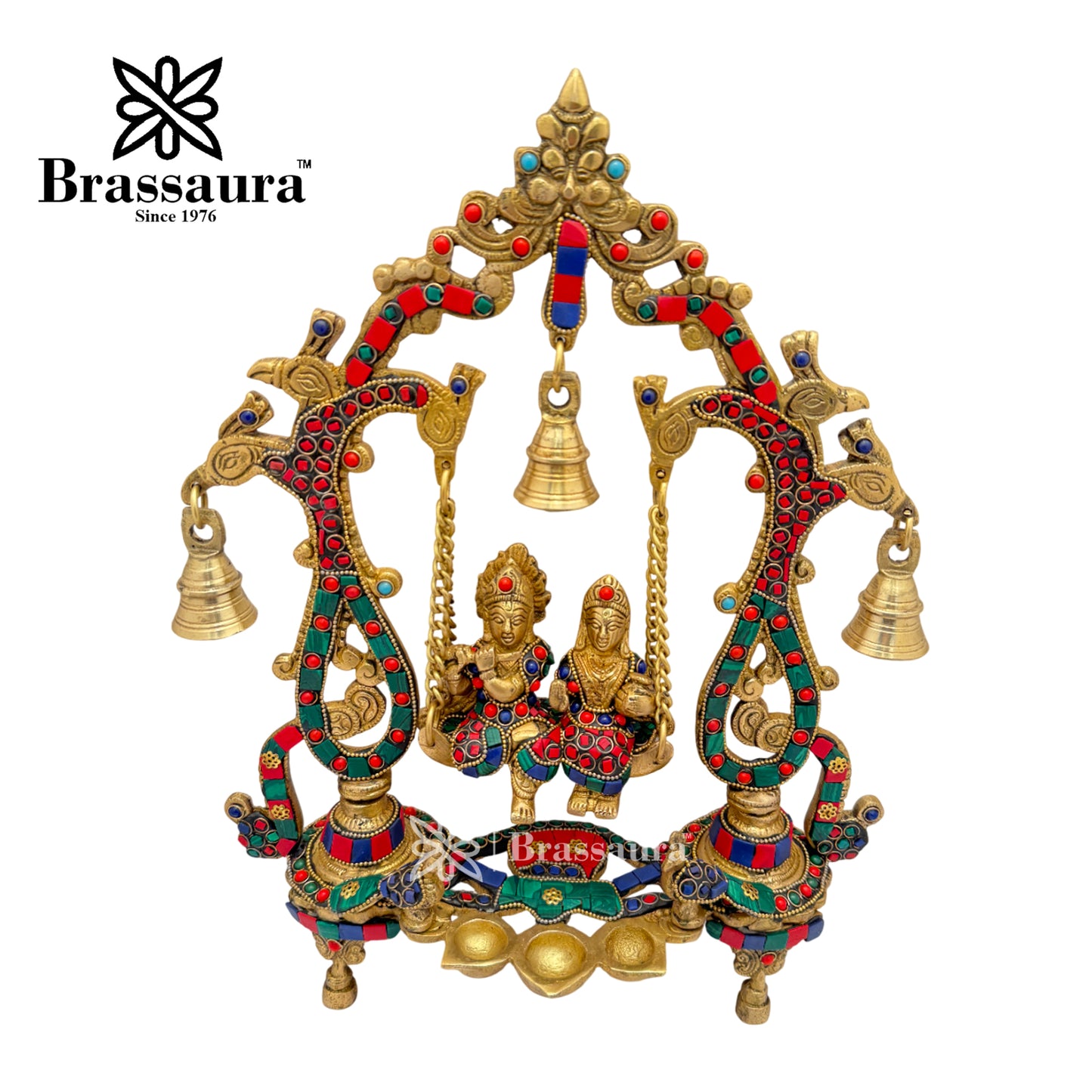 Brass Gem Stone Work Radha Krishna jhula Idol for Home and Decor Weight 3.1 Kg Height 36 cm