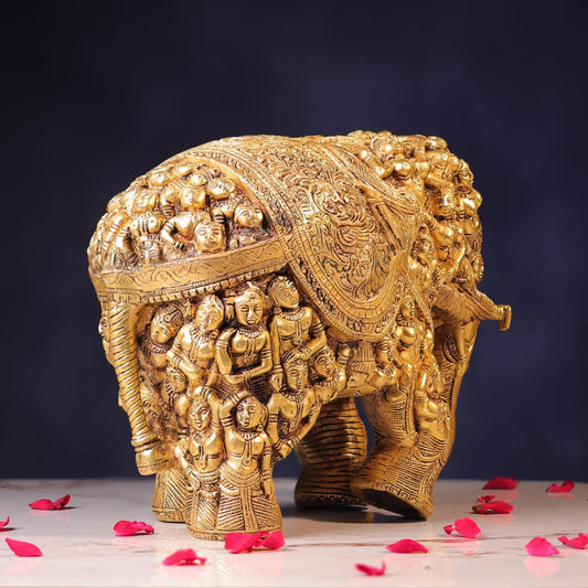 Brassaura® Royal Elephant Decorative Statue with Polished Finish | Pure Superfine Brass Handcrafted Murti | Brass Statue for Home Temple, Pooja Room | Height 11 Inches | Weight 19 Kgs
