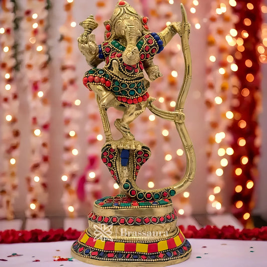 Brassaura™ Brass Gem Stone Work Dancing Ganesha Idol for Home and Decor | Weight 2 Kgs | Height 9.4 Inches