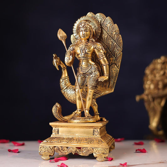 Brassaura® Lord Murugan Standing Idol with Polished Finish | Pure Superfine Brass Handcrafted Murti | Brass Statue for Home Temple, Pooja Room | Height 12 Inches | Weight 4.5 Kgs