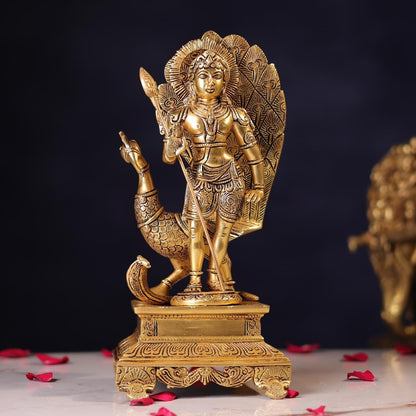 Brassaura® Lord Murugan Standing Idol with Polished Finish | Pure Superfine Brass Handcrafted Murti | Brass Statue for Home Temple, Pooja Room | Height 12 Inches | Weight 4.5 Kgs