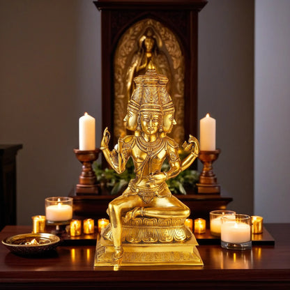 Brassaura™ Brass Brahma Dev Idol – Height 18 Inches & Weight 7.1 Kgs | Handcrafted Creator Deity Sculpture for Temple Use