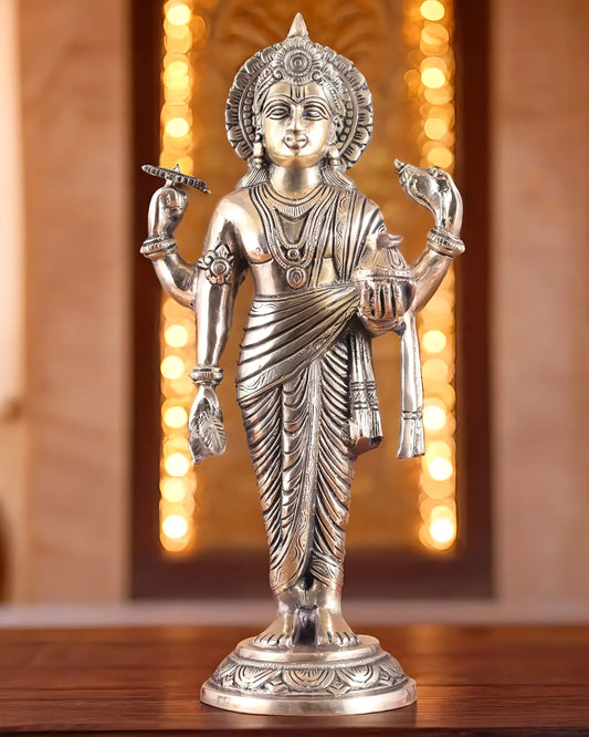 Brassaura™ Handcrafted Pure Brass Lord Dhanvantari Idol | 15 Inch Height | 4.16 KG Weight | Natural Brass Finish