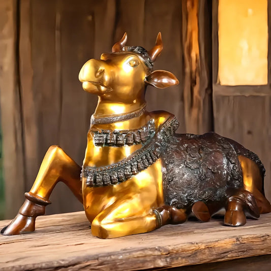 Brassaura™ Brass Antique Large Nandi Sculpture with Gold & Copper Tone | Handcrafted Traditional Décor | Weight 30 Kgs | Height 21.5 Inches