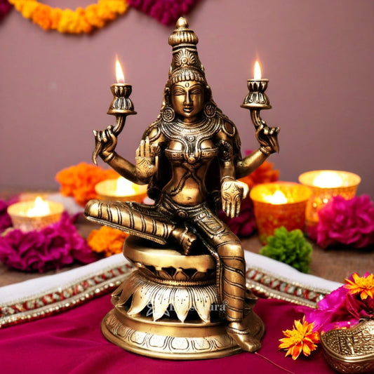 Brassaura™ Classic Brass Laxmi Statue – Height 12 Inches & Weight 4 Kgs | Puja Room Idol