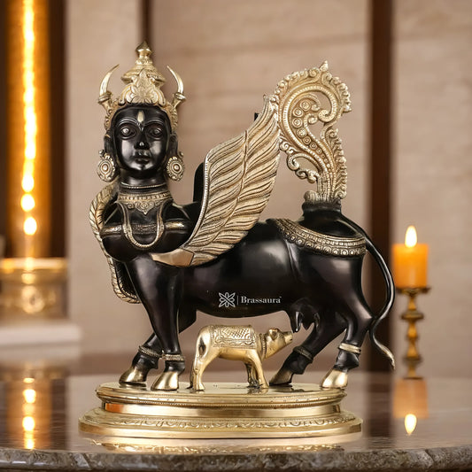 Brassaura™ Kamdhenu Cow with Wings and Mother Face Statue | 16.5 Inches Height | 14 Kgs Weight | Elegant Black Tone Brass