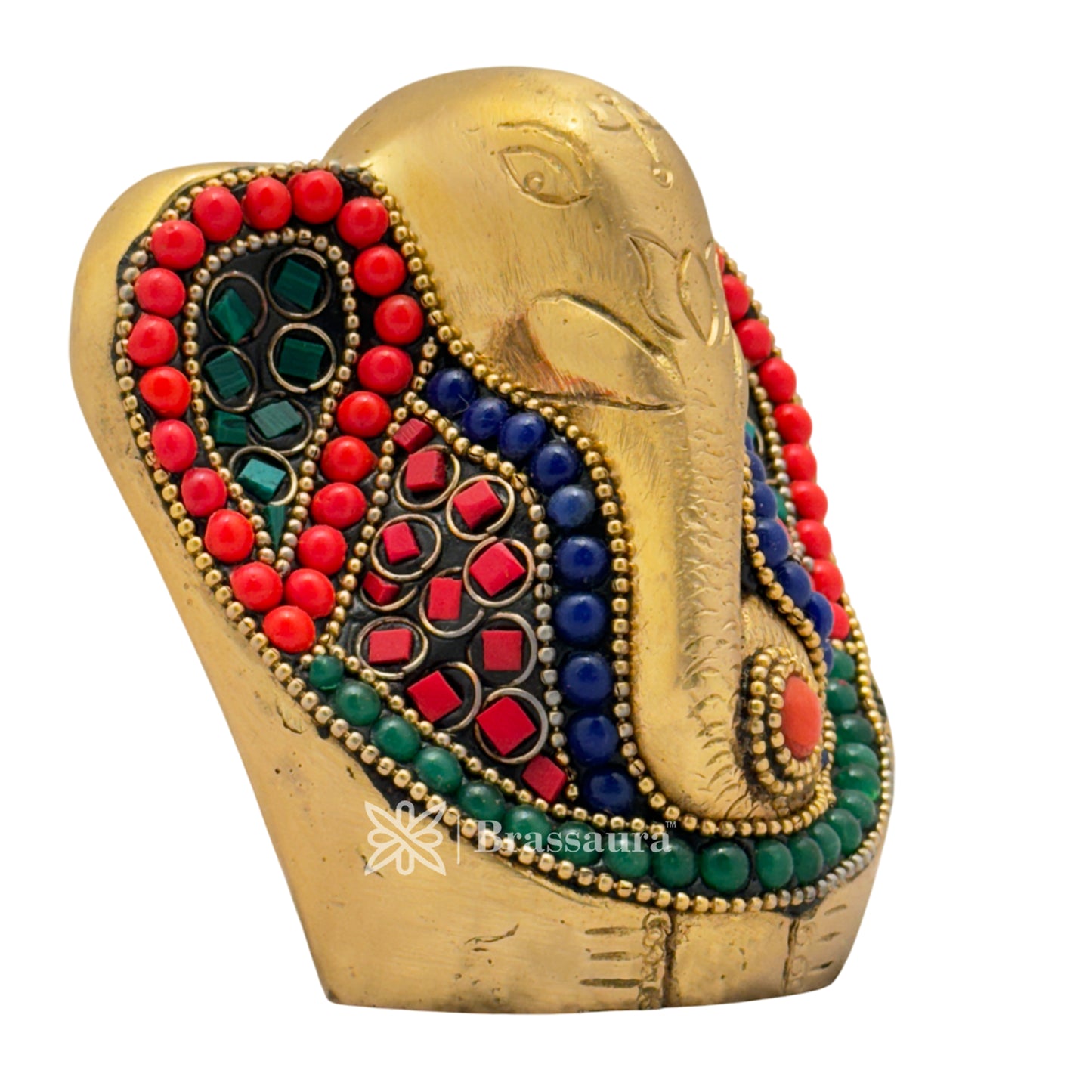 Brass Gem Stone Work Ganesha Idol for Home and Decor Weight .6 Kg Height 9 cm