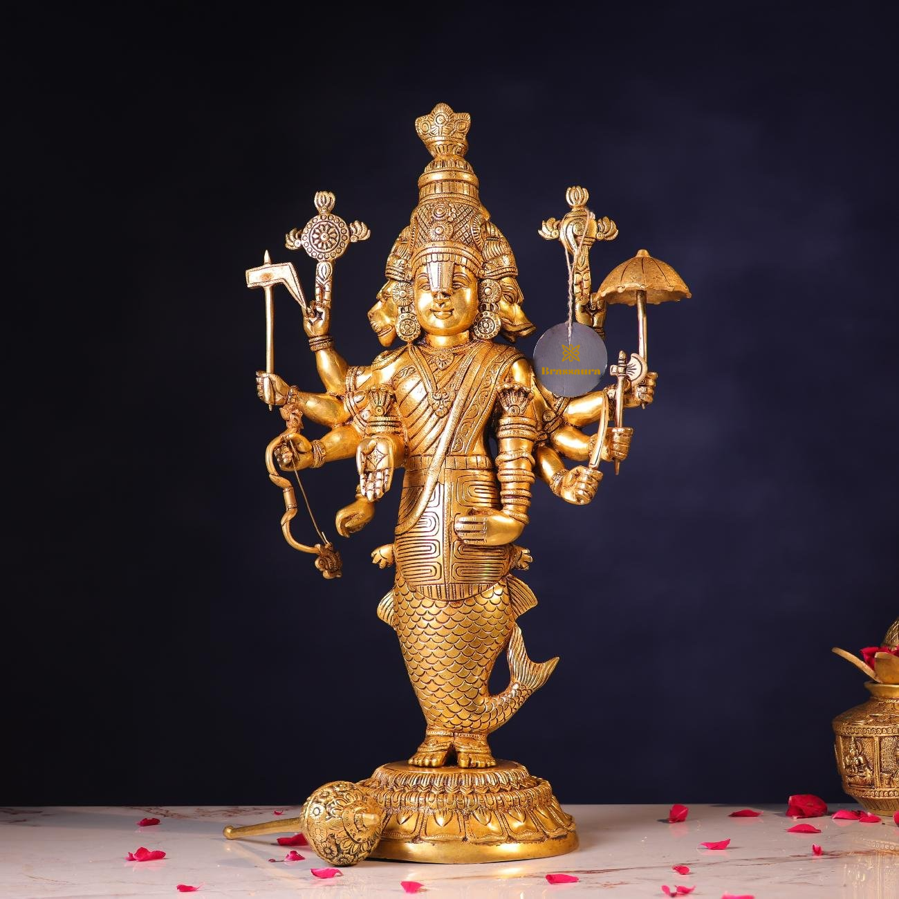 Brassaura® Vishnu Matsya Avatar Standing Idol with Polished Finish | Pure Superfine Brass Handcrafted Murti | Brass Statue for Home Temple, Pooja Room | Height 25 Inches | Weight 15 Kgs