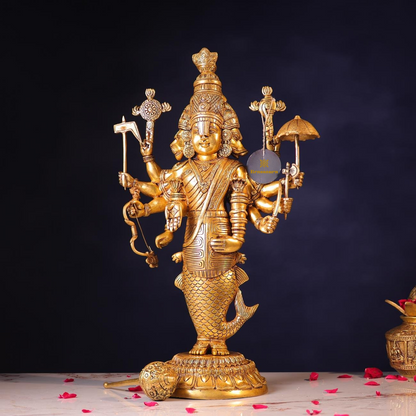 Brassaura® Vishnu Matsya Avatar Standing Idol with Polished Finish | Pure Superfine Brass Handcrafted Murti | Brass Statue for Home Temple, Pooja Room | Height 25 Inches | Weight 15 Kgs