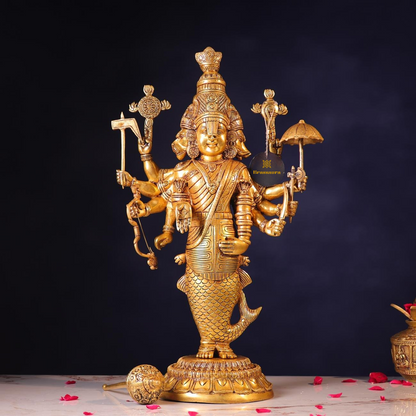 Brassaura® Vishnu Matsya Avatar Standing Idol with Polished Finish | Pure Superfine Brass Handcrafted Murti | Brass Statue for Home Temple, Pooja Room | Height 25 Inches | Weight 15 Kgs