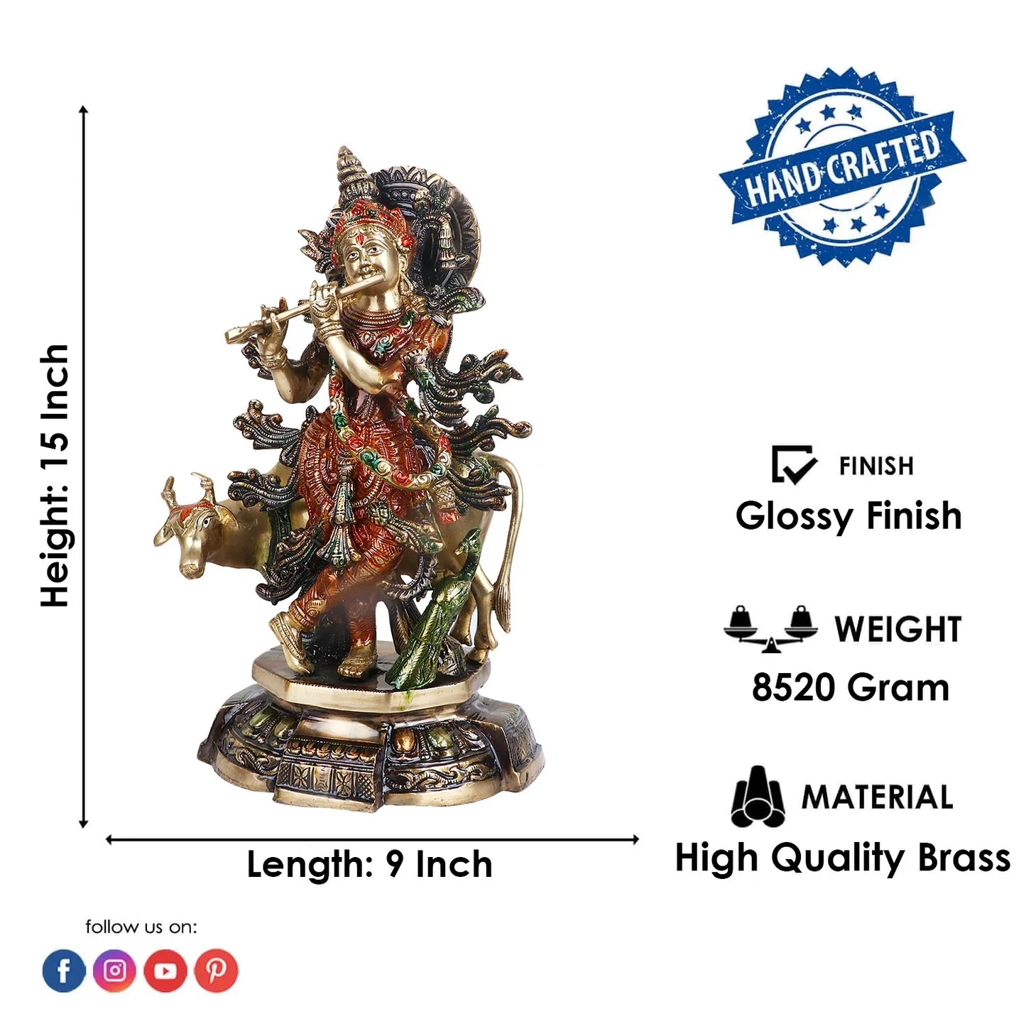 Brassaura® Brass Krishna with Cow Colorful Idol | Height 15 Inches