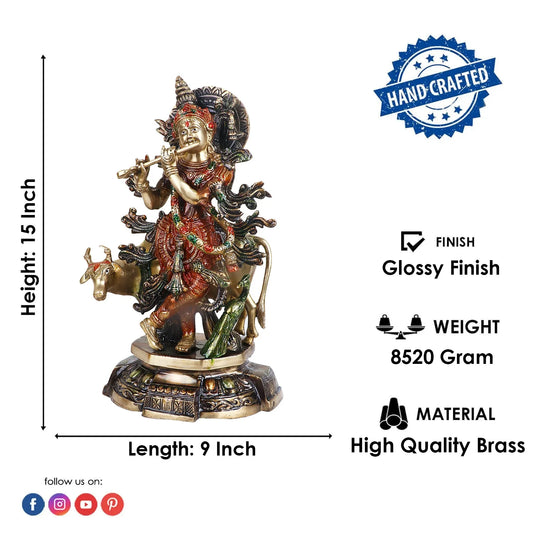 Brassaura® Brass Krishna with Cow Colorful Idol | Height 15 Inches