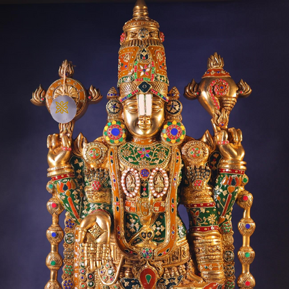 Brassaura® Tirupati Balaji Standing Idol with Colourful Stone Finish | Pure Superfine Brass Handcrafted Murti | Brass Statue for Home Temple, Pooja Room | Height 48 Inches | Weight 49 Kgs