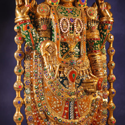 Brassaura® Tirupati Balaji Standing Idol with Colourful Stone Finish | Pure Superfine Brass Handcrafted Murti | Brass Statue for Home Temple, Pooja Room | Height 48 Inches | Weight 49 Kgs
