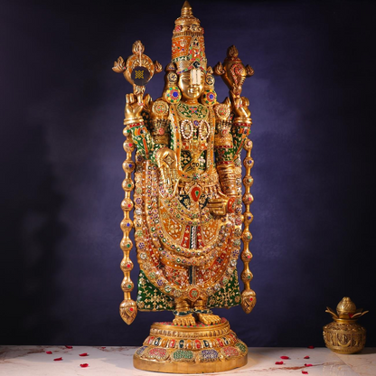 Brassaura® Tirupati Balaji Standing Idol with Colourful Stone Finish | Pure Superfine Brass Handcrafted Murti | Brass Statue for Home Temple, Pooja Room | Height 48 Inches | Weight 49 Kgs