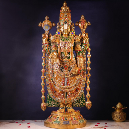 Brassaura® Tirupati Balaji Standing Idol with Colourful Stone Finish | Pure Superfine Brass Handcrafted Murti | Brass Statue for Home Temple, Pooja Room | Height 48 Inches | Weight 49 Kgs