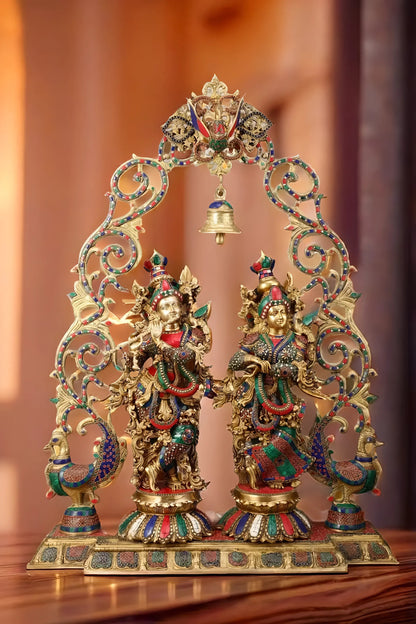 Brassaura™ Majestic Brass Radha Krishna with Peacock Temple Arch – 45 Inch Height, 72 Kg | Exquisite Meenakari Work