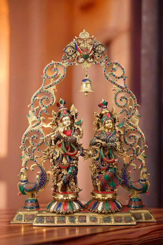 Brassaura™ Majestic Brass Radha Krishna with Peacock Temple Arch – 45 Inch Height, 72 Kg | Exquisite Meenakari Work