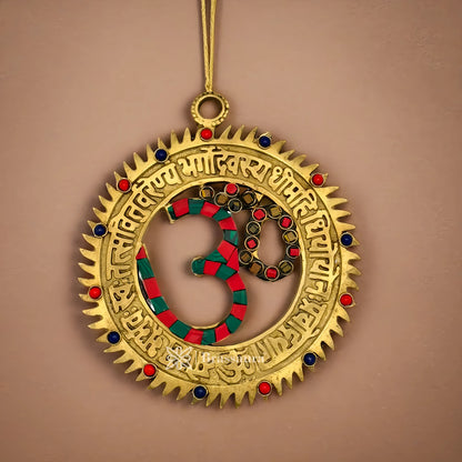 Brassaura™ Brass Gemstone Work Om Wall Hanging Idol – Height 6 Inches & Weight 0.3 Kgs | Spiritual Home Décor