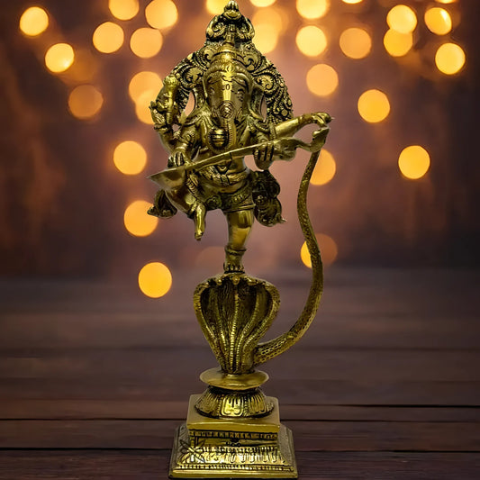 Brassaura™ Brass Dancing Ganesha on Sheshnaag Murti – Height 3.15 inches & Weight 2.5 kgs | Traditional Ganpati Murti for Home & Pooja Room