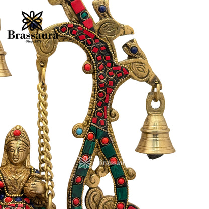 Brass Gem Stone Work Radha Krishna jhula Idol for Home and Decor Weight 3.1 Kg Height 36 cm