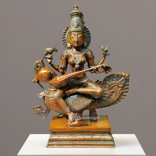 Brassaura™ Brass Saraswati Mata Murti – Height 19 Inches & Weight 15 Kgs | Puja & Worship Idol