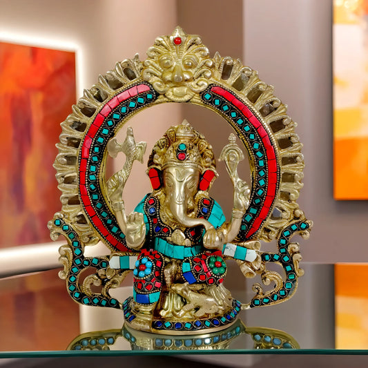 Brassaura™ Brass Gem Stone Work Ganesha Murti – Height 10.63 inches & Weight 2.6 kgs | Traditional Ganpati Murti for Home & Pooja Room
