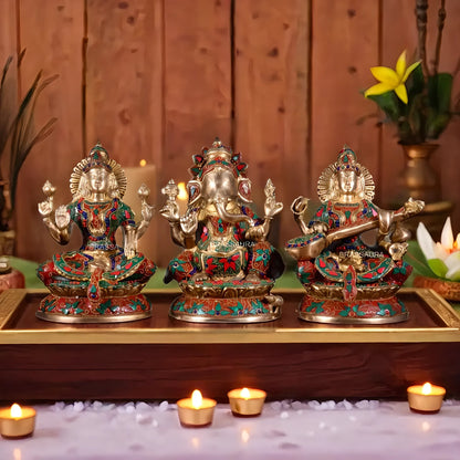 Brassaura™ Brass Lakshmi Ganesha Saraswati Idol Set | Height 9.5 Inches & Total Weight 9.9 Kgs