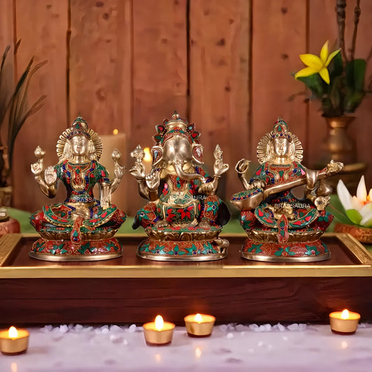 Brassaura™ Brass Lakshmi Ganesha Saraswati Idol Set | Height 9.5 Inches & Total Weight 9.9 Kgs