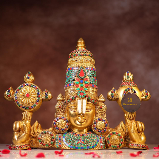 Brassaura® Tirupati Balaji Wall Hanging Idol with Colourful Stone Finish | Pure Superfine Brass Handcrafted Murti | Brass Statue for Home Temple, Pooja Room | Height 16 Inches | Weight 11.5 Kgs