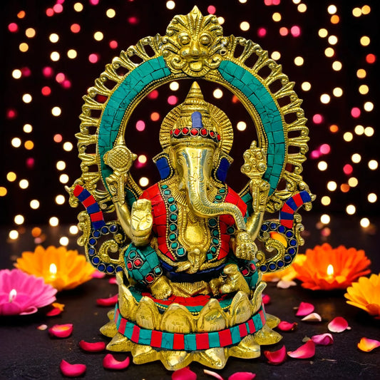 Brassaura™ Brass Gem Stone Work Ring Ganesha Murti – Height 9.45 inches & Weight 3.3 kgs | Traditional Ganpati Murti for Home & Pooja Room