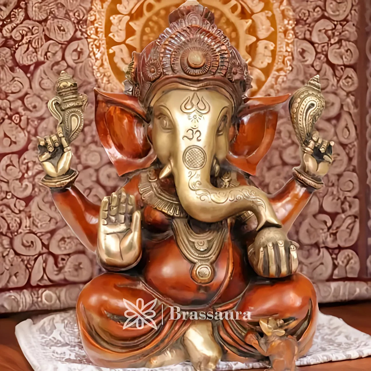 Brassaura™ Brass Ganesha Statue for Home Décor & Gift | Weight 8 Kgs | Height 12 Inches