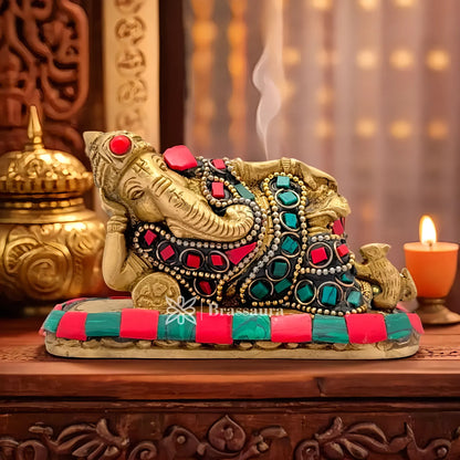 Brassaura™ Brass Gem Stone Work Ganesha Idol for Home and Decor | Weight 0.6 Kgs | Height 2.36 Inches