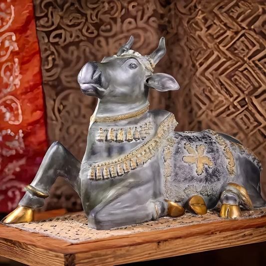 Brassaura™ Brass Antique Large Nandi Sculpture with Rustic Stone Patina | Handcrafted Traditional Décor | Weight 30 Kgs | Height 21.5 Inches