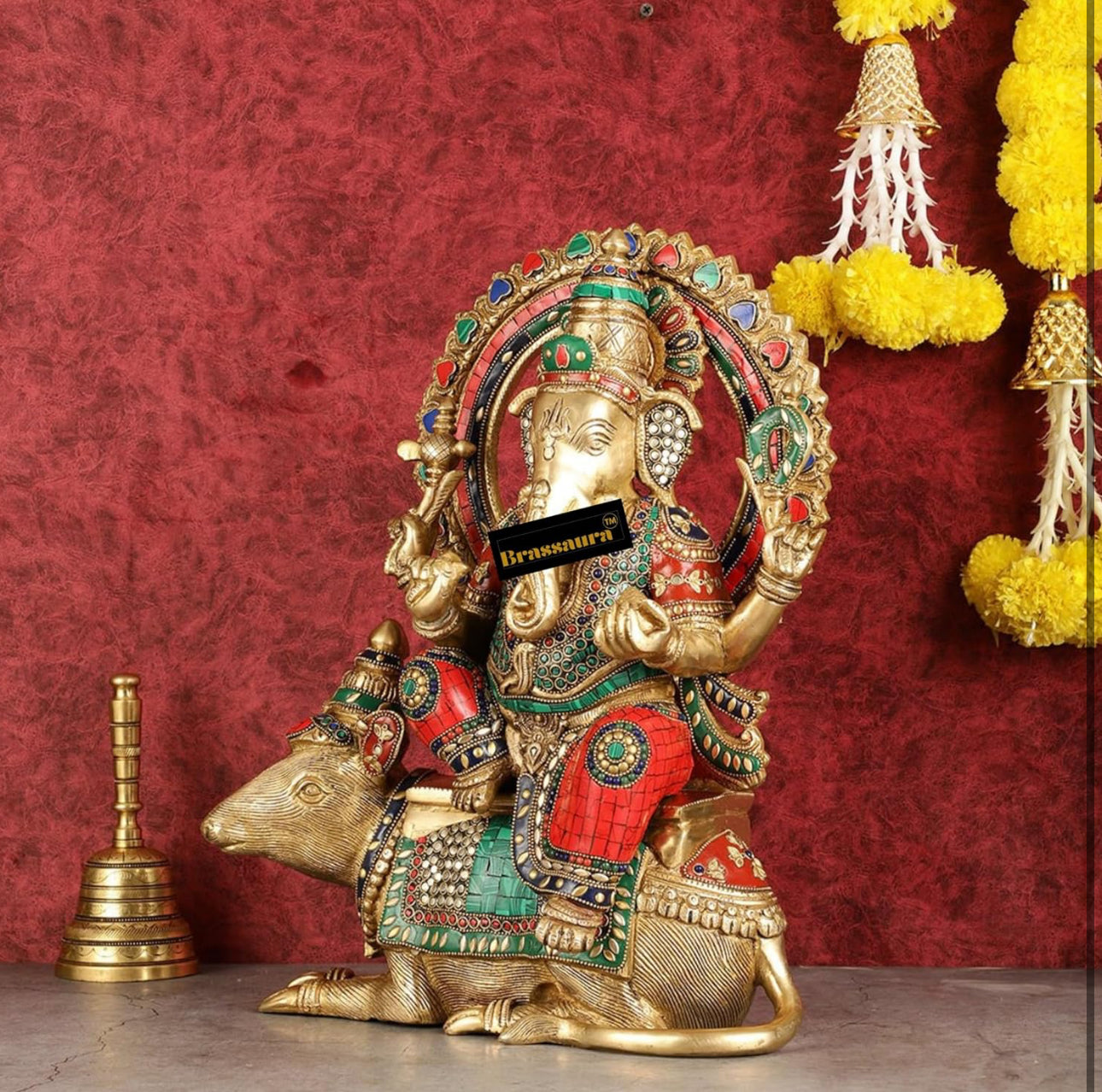 Brassaura™ Brass Ganesha on Mooshak – Meenakari & Stonework | Height 16 Inches, Weight 16 Kgs