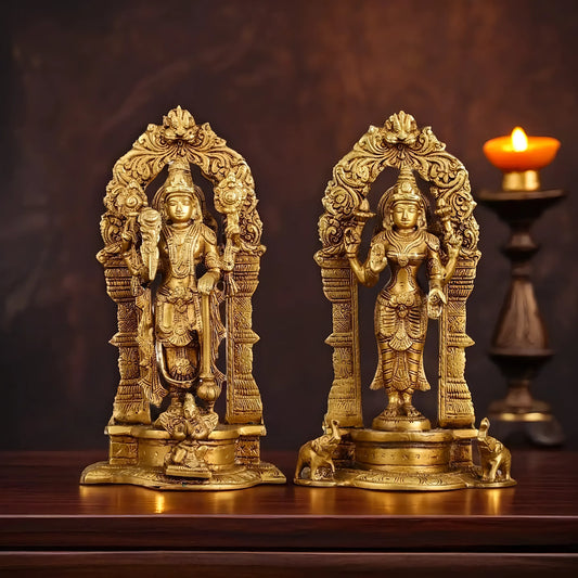 Brassaura™ Pure Brass Vishnu & Lakshmi Idol Pair with Prabhavalis – 4kg, 9-Inch – Handcrafted with Garuda & Elephants for Home Temple Décor