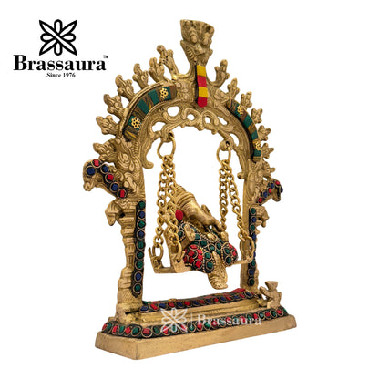 Brass Gem Stone Work Ganesha Jhula Idol for Home and Decor Weight 1.6 Kg Height 25 cm