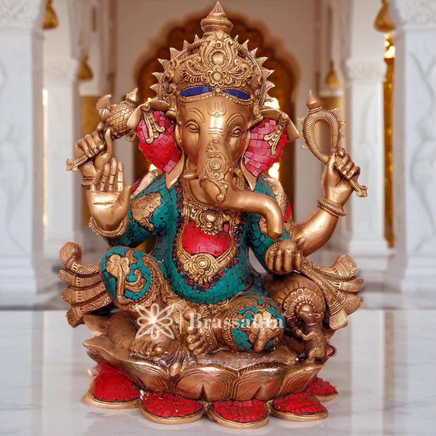 Brassaura™ Brass Ganesha Statue for Home Décor & Gift | Weight 29 Kgs | Height 21 Inches