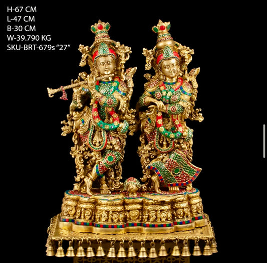 Brassaura™ Radha Krishna on Base Gemstone Brass Work Statue – Height 27 Inch, Weight 39.79 Kg | Solid Brass Murti