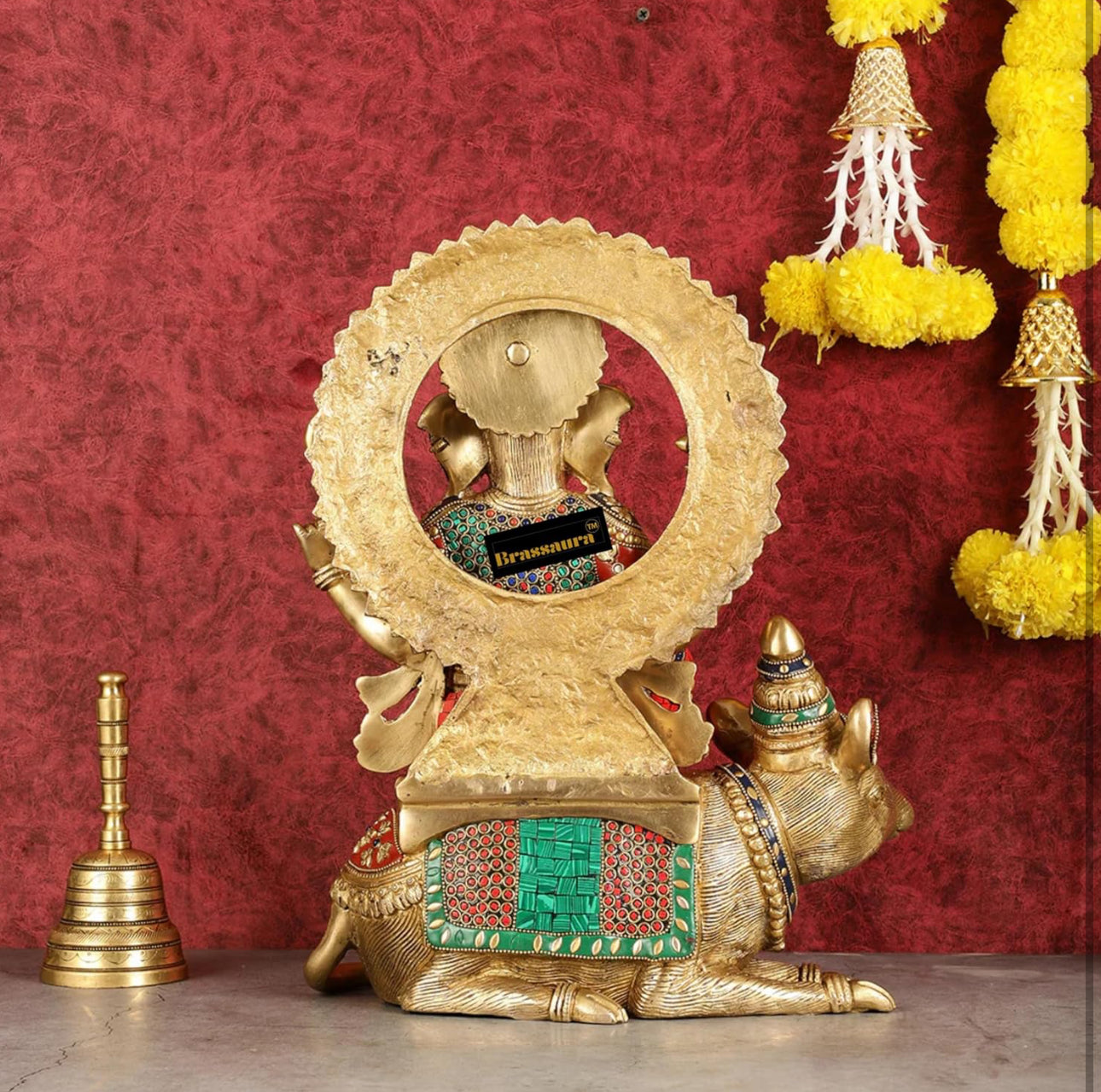 Brassaura™ Brass Ganesha on Mooshak – Meenakari & Stonework | Height 16 Inches, Weight 16 Kgs