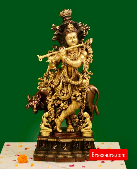 Brassaura™ Cow Krishna Statue – Height 27 Inch, Weight 23.74 Kg | Solid Brass Murti