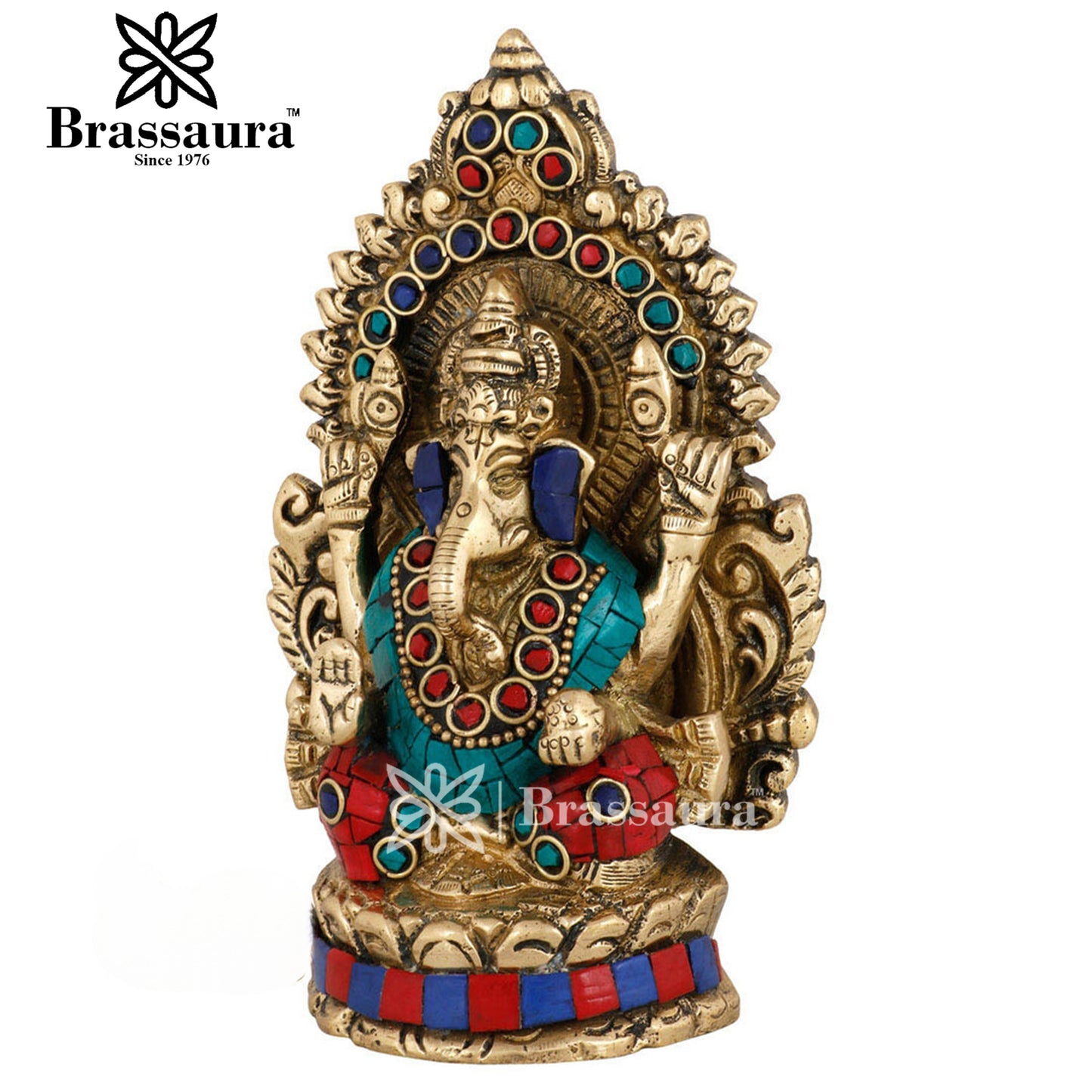 Brass Gem Stone Work Ganesha Statue For Home Decor And Gift Item Weight .9 Kg And Height 5.5 Inches