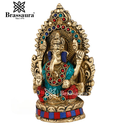 Brass Gem Stone Work Ganesha Statue For Home Decor And Gift Item Weight .9 Kg And Height 5.5 Inches