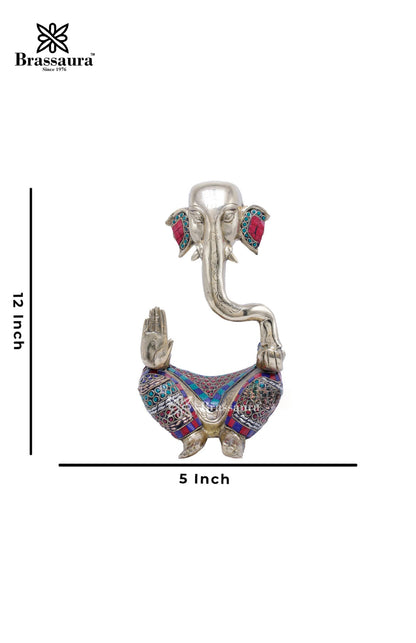 Brassaura™ Brass Gem Stone Work Ganesha Idol for Home and Decor | Weight 4.1 Kgs | Height 12 Inches