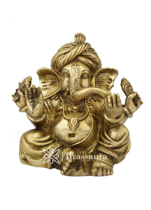 Brass Turban Ganesha Statue For Home Decor And Gift Item Weight 2.5 Kg And Height 7 Inch