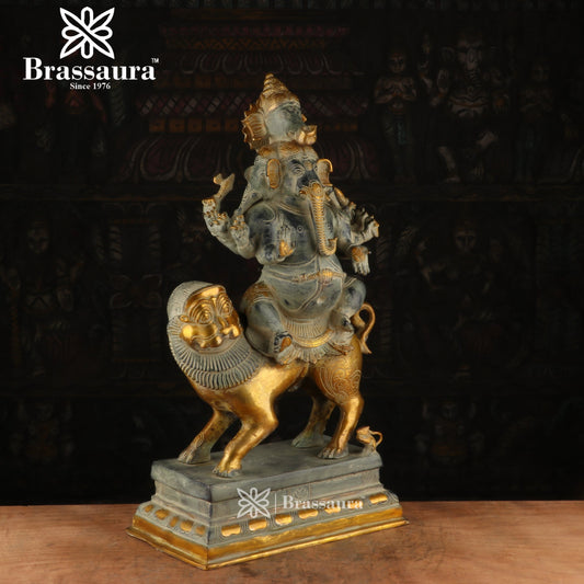Brassaura™ Brass Ganesha Sitting on Lion Idol for Home and Decor | Weight 24 Kgs | Height 24 Inches
