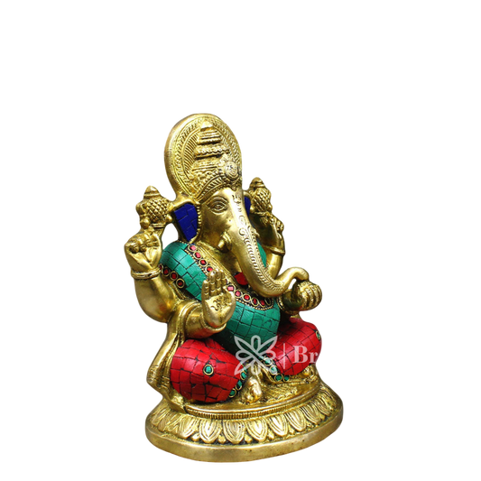 Brassaura™ Brass Gem Stone Work Ganesha Idol for Home and Decor | Weight 2.9 Kgs | Height 8.5 Inches