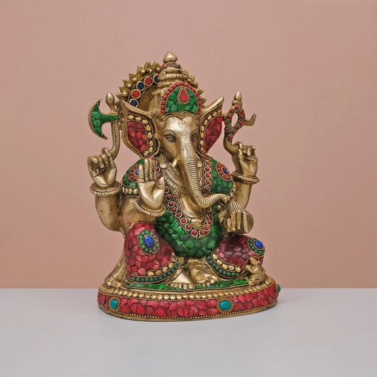 Brassaura® Brass Ganesha Statue with Stonework | Height 12 Inches