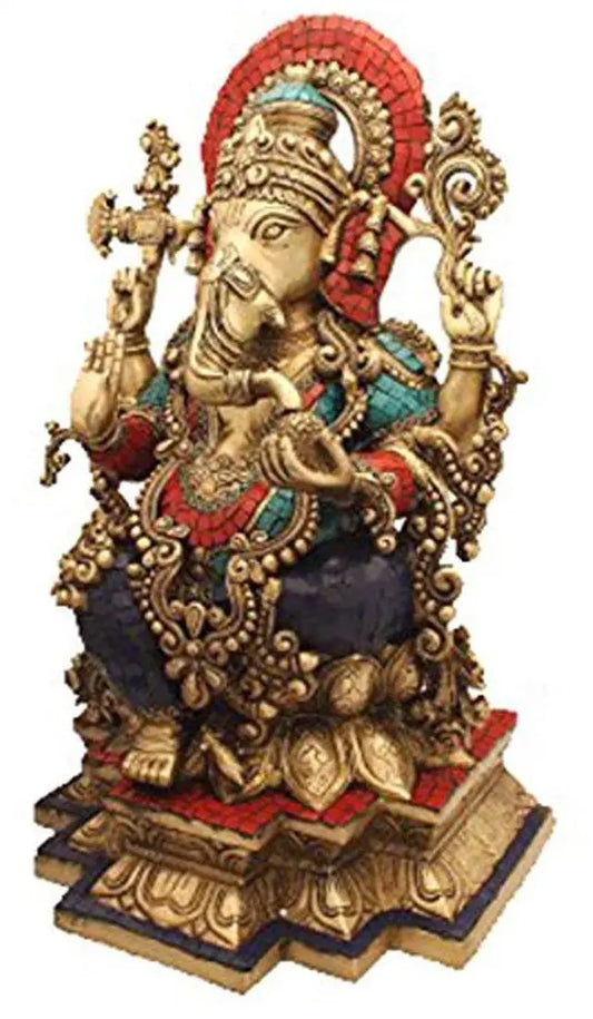 Brassaura™ Bhagawan Ganapati Seated on Ornate Throne | Pure Brass with Inlay Accents | Height 5.5 Inches & Weight 1.90 kgs
